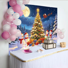 Lofaris Toile de fond de Noël avec arbre illuminé, bonhommes de neige et cadeaux, arrière-plan féerique pour célébrations hivernales