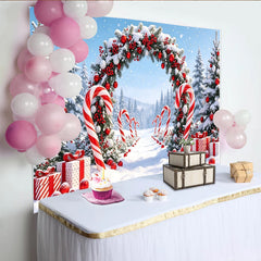 Lofaris Toile de fond de Noël enneigée avec arche festive et cannes à sucre, décor d'hiver féerique pour studio et célébrations