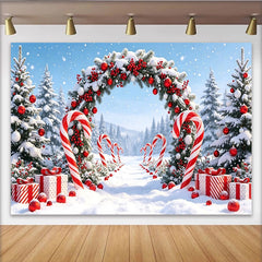 Lofaris Toile de fond de Noël enneigée avec arche festive et cannes à sucre, décor d'hiver féerique pour studio et célébrations