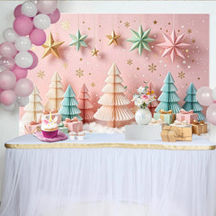 Lofaris Toile de fond de Noël rose pastel avec sapins, étoiles et cadeaux, magnifique décor d'hiver pour studio photo