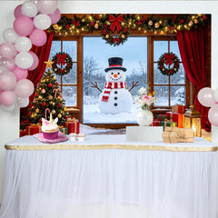 Lofaris Toile de fond de Noël bonhomme de neige et sapin avec cadeaux, magnifique décor de fête pour fenêtre d'hiver enneigée