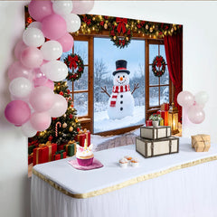 Lofaris Toile de fond de Noël bonhomme de neige et sapin avec cadeaux, magnifique décor de fête pour fenêtre d'hiver enneigée