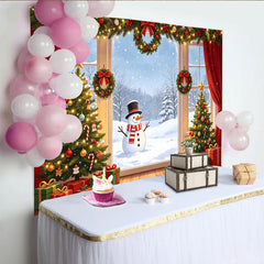 Lofaris Toile de fond de Noël festive avec sapins et bonhomme de neige, magnifique arrière-plan de photographie pour célébrations hivernales