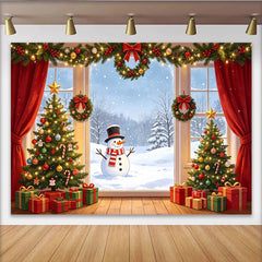 Lofaris Toile de fond de Noël festive avec sapins et bonhomme de neige, magnifique arrière-plan de photographie pour célébrations hivernales