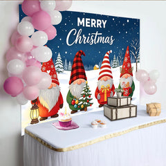 Lofaris Toile de fond de Noël gnomes et sapins enneigés, magnifique décor d'hiver avec cadeaux et texte Merry Christmas pour studio photo