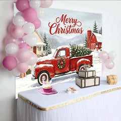 Lofaris Toile de fond de Noël avec camion rouge et sapin enneigé, joyeux arrière-plan d'hiver pour fête et studio photo