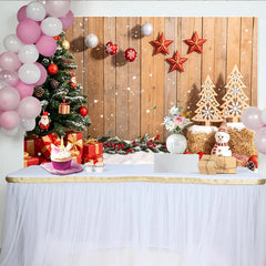 Lofaris Toile de fond de Noël enneigée avec sapin et cadeaux sur mur en bois, décoration d'hiver festive pour photographie et fête