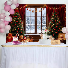 Lofaris Toile de fond de Noël avec sapins enneigés et cadeaux, magnifique arrière-plan de fête d'hiver pour studio photo