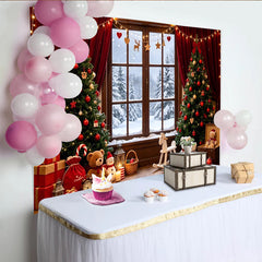 Lofaris Toile de fond de Noël avec sapins enneigés et cadeaux, magnifique arrière-plan de fête d'hiver pour studio photo