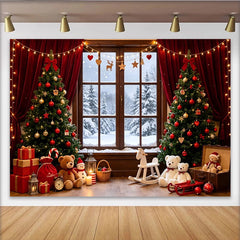 Lofaris Toile de fond de Noël avec sapins enneigés et cadeaux, magnifique arrière-plan de fête d'hiver pour studio photo
