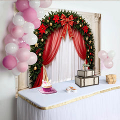 Lofaris Toile de fond de Noël arche festive avec guirlande de sapin, baies rouges et étoiles dorées, élégant arrière-plan pour studio photo