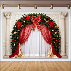 Lofaris Toile de fond de Noël arche festive avec guirlande de sapin, baies rouges et étoiles dorées, élégant arrière-plan pour studio photo