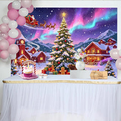 Lofaris Toile de fond de Noël avec Père Noël, rennes et aurores boréales, décor de village hivernal pour fête et photographie