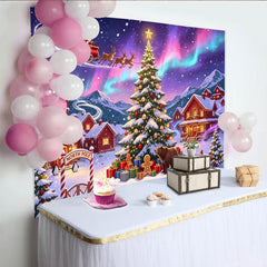 Lofaris Toile de fond de Noël avec Père Noël, rennes et aurores boréales, décor de village hivernal pour fête et photographie