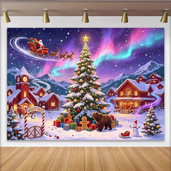 Lofaris Toile de fond de Noël avec Père Noël, rennes et aurores boréales, décor de village hivernal pour fête et photographie