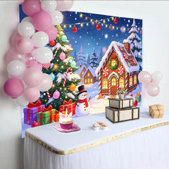 Lofaris Toile de fond de Noël village enneigé avec sapin et cadeaux, magnifique décor festif pour studio photo et fête d'hiver