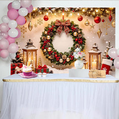 Lofaris Toile de fond de Noël avec couronne festive, lumières et ornements dorés, décor hivernal chaleureux pour studio photos