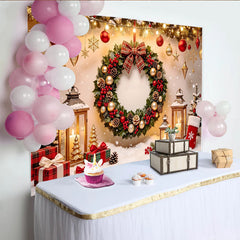 Lofaris Toile de fond de Noël avec couronne festive, lumières et ornements dorés, décor hivernal chaleureux pour studio photos