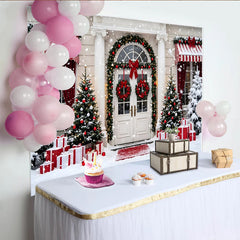 Lofaris Toile de fond de Noël enneigée, entrée festive avec sapins, magnifique arrière-plan hivernal pour studio et fête