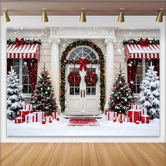 Lofaris Toile de fond de Noël enneigée, entrée festive avec sapins, magnifique arrière-plan hivernal pour studio et fête