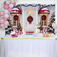 Lofaris Toile de fond de Noël enneigée devant une maison blanche et des sapins, décor festif avec cadeaux pour photographie d'hiver