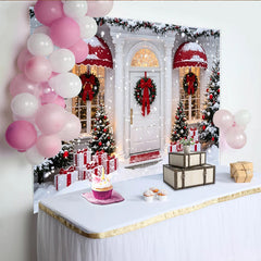 Lofaris Toile de fond de Noël enneigée devant une maison blanche et des sapins, décor festif avec cadeaux pour photographie d'hiver
