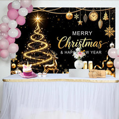 Lofaris Toile de fond de Noël noir et or avec sapin scintillant et renne, élégant décor de fête pour célébration du Nouvel An