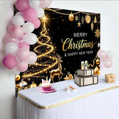 Lofaris Toile de fond de Noël noir et or avec sapin scintillant et renne, élégant décor de fête pour célébration du Nouvel An