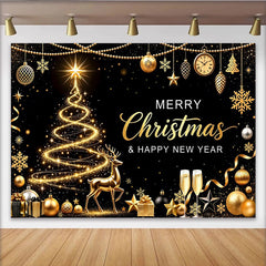 Lofaris Toile de fond de Noël noir et or avec sapin scintillant et renne, élégant décor de fête pour célébration du Nouvel An