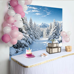 Lofaris Toile de fond de photographie forêt enneigée avec montagnes et ciel bleu, naturel pour studio photo et événements hivernaux