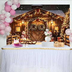 Lofaris Toile de fond de Noël grange en bois enneigée avec lumières et bonhommes de neige, magnifique rustique festif pour studio photo