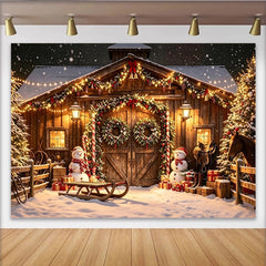 Lofaris Toile de fond de Noël grange en bois enneigée avec lumières et bonhommes de neige, magnifique rustique festif pour studio photo