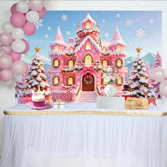 Lofaris Toile de fond de Noël château rose féerique avec neige et cadeaux, magnifique arrière-plan hivernal pour fête et studio photo
