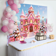 Lofaris Toile de fond de Noël château rose féerique avec neige et cadeaux, magnifique arrière-plan hivernal pour fête et studio photo