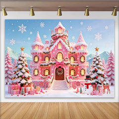 Lofaris Toile de fond de Noël château rose féerique avec neige et cadeaux, magnifique arrière-plan hivernal pour fête et studio photo