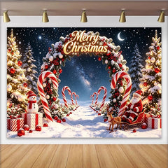 Lofaris Toile de fond de Noël joyeux avec sapins enneigés et cadeaux, décor féerique pour célébration d'hiver et studio photo