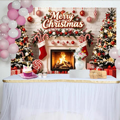 Lofaris Toile de fond de Noël Joyeux Noël, cheminée et sapins enneigés, magnifique arrière-plan festif pour studio photo et fête de famille