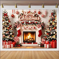 Lofaris Toile de fond de Noël Joyeux Noël, cheminée et sapins enneigés, magnifique arrière-plan festif pour studio photo et fête de famille