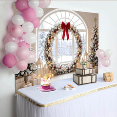 Lofaris Toile de fond de Noël enneigée avec guirlande et nœud rouge, magnifique arrière-plan festif pour studio photo d'hiver