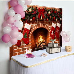 Lofaris Toile de fond de Noël cheminée briques guirlande et chaussettes, décor chaleureux pour studio photo et ambiance festive