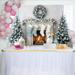 Lofaris Toile de fond de Noël côtière avec cheminée et sapins enneigés, magnifique décor hivernal bleu et blanc pour studio photo