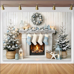 Lofaris Toile de fond de Noël hivernal avec cheminée et sapins enneigés, élégant arrière-plan pour studio photo et décoration de fête