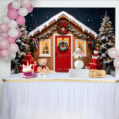 Lofaris Toile de fond de Noël chalet enneigé avec sapins et cadeaux, arrière-plan hivernal festif pour studio photo
