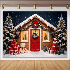 Lofaris Toile de fond de Noël chalet enneigé avec sapins et cadeaux, arrière-plan hivernal festif pour studio photo