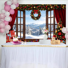 Lofaris Toile de fond de Noël fenêtre en bois avec sapin et cadeaux, magnifique arrière-plan hivernal pour décoration de fête