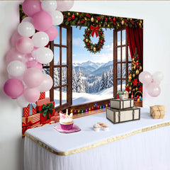 Lofaris Toile de fond de Noël fenêtre en bois avec sapin et cadeaux, magnifique arrière-plan hivernal pour décoration de fête