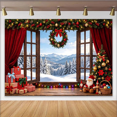 Lofaris Toile de fond de Noël fenêtre en bois avec sapin et cadeaux, magnifique arrière-plan hivernal pour décoration de fête