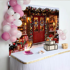 Lofaris Toile de fond de Noël enneigée avec sapins et cadeaux, arrière-plan festif pour studio photo et fêtes d'hiver