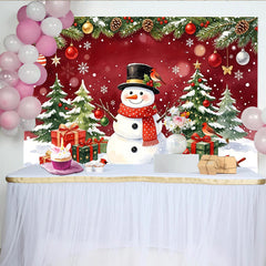 Lofaris Toile de fond de Noël bonhomme de neige et sapins enneigés avec cadeaux, magnifique décor festif d'hiver pour studio photo