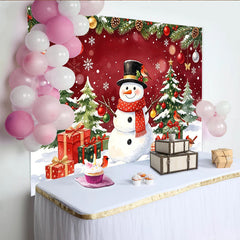 Lofaris Toile de fond de Noël bonhomme de neige et sapins enneigés avec cadeaux, magnifique décor festif d'hiver pour studio photo